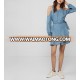 Women's Chambary Long Sleeves Belted Flared Aboved Knee Denim Blouse Shirt Cold Shoulder Ruffle Wrap Dress