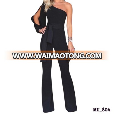 Latest design women sexy black one shoulder jumpsuit ladies trending evening party wear jumpsuits with sleeves