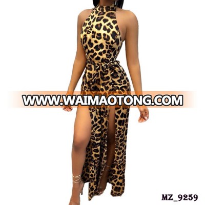 Wholesale hot selling ladies sexy fashion polyester one piece sleeveless cut out leopard jumpsuit