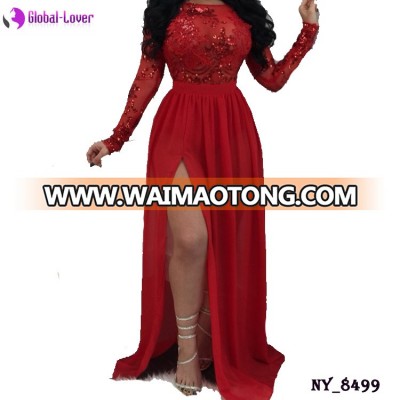 Beautiful mature women sexy long sleeve sequins split leg lace maxi long evening dresses