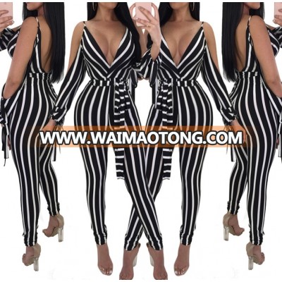 Wholesale Lady Sexy Jumpsuit White and Black Strippes Jumpsuit