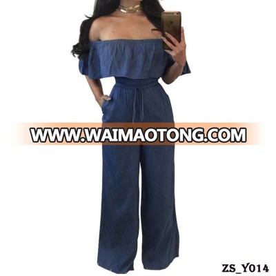 Latest design ladies sexy long pant jumpsuit fashion elegant off shoulder denim jumpsuit women