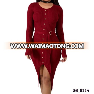 Wholesale mature women elegant long sleeve front slit bodycon dress sexy button up slim fit sheath dresses