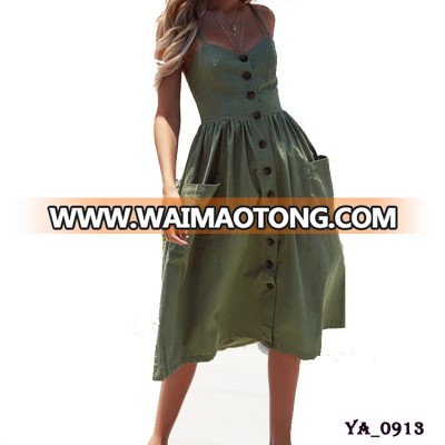 Wholesale women summer plus size fashion casual simple green spaghetti strap midi dress with pocket