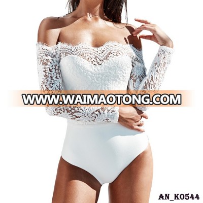 Wholesale mature women sexy long sleeve off shoulder plain white lace bodysuit tops