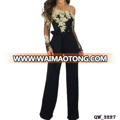 Wholesale women fashion sexy black off shoulder long sleeve wide leg embroidery evening party jumpsuits with belt