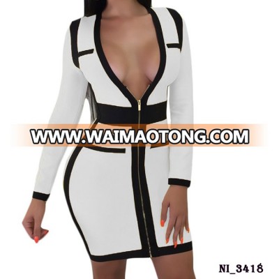 Wholesale women new black and white zipper front dresses long sleeve sexy bodycon mini dress