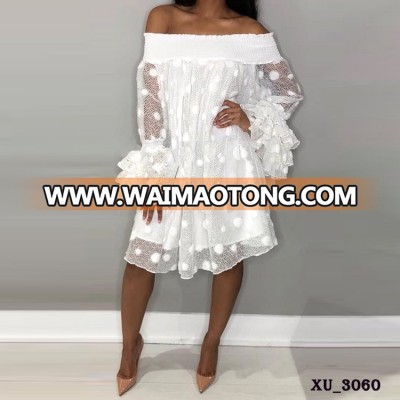 Wholesale ladies off the shoulder white crochet lace summer cocktail dress with polka dots