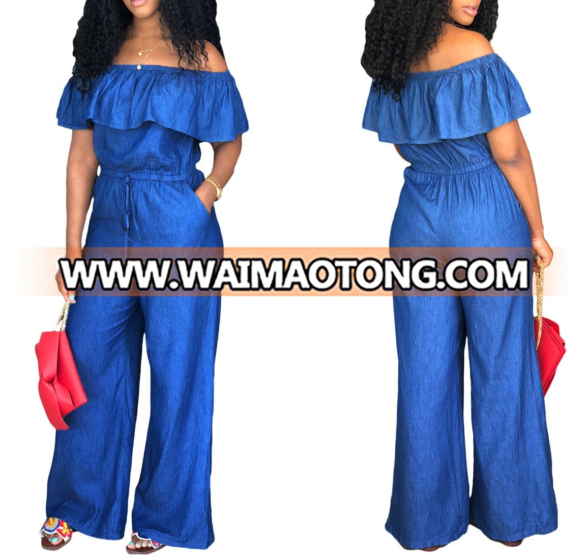 Bulk Clothing Plus Size Women Off Shoulder Denim Jeans Jumpsuit